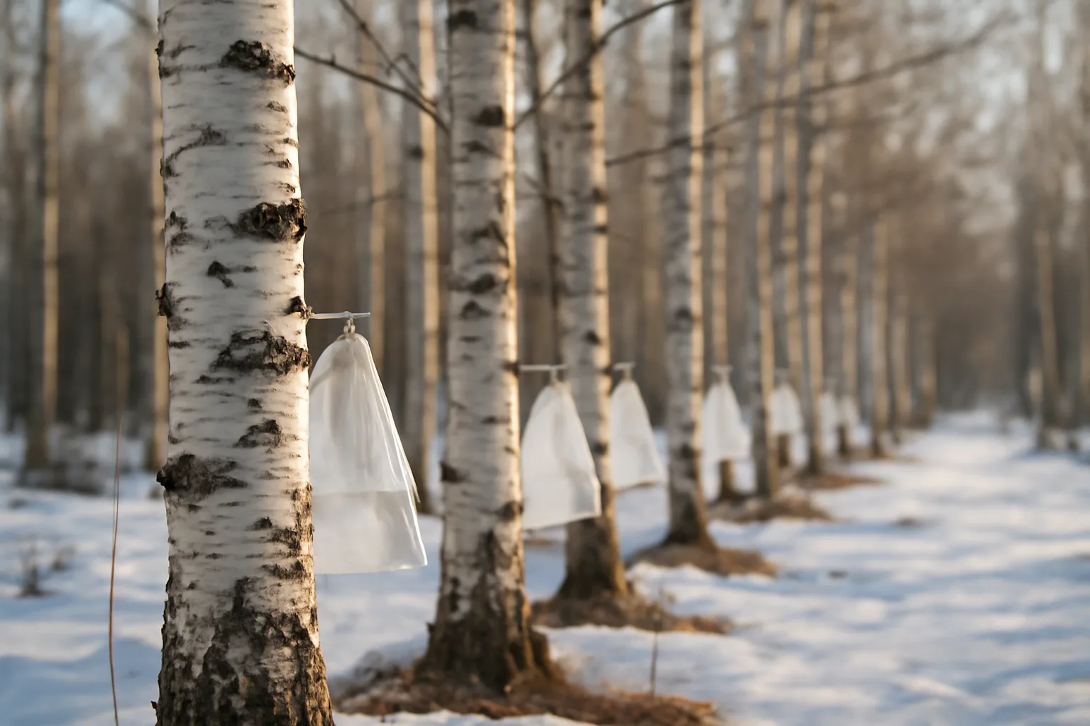 Birch trees tapped for sap collection in early spring Alaska forest