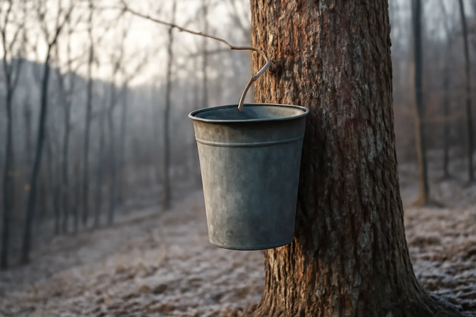 Metal sap bucket hanging on a red maple tree in Alabama winter hillside forest