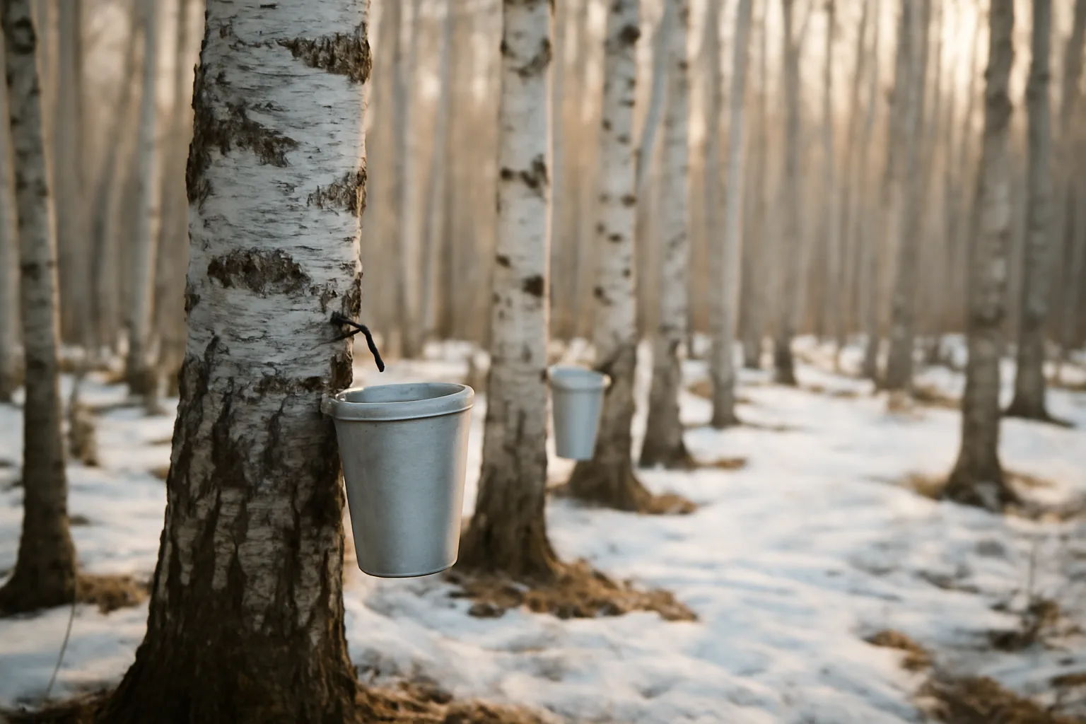 Birch trees with sap taps and collection buckets in an Alaska forest in early spring