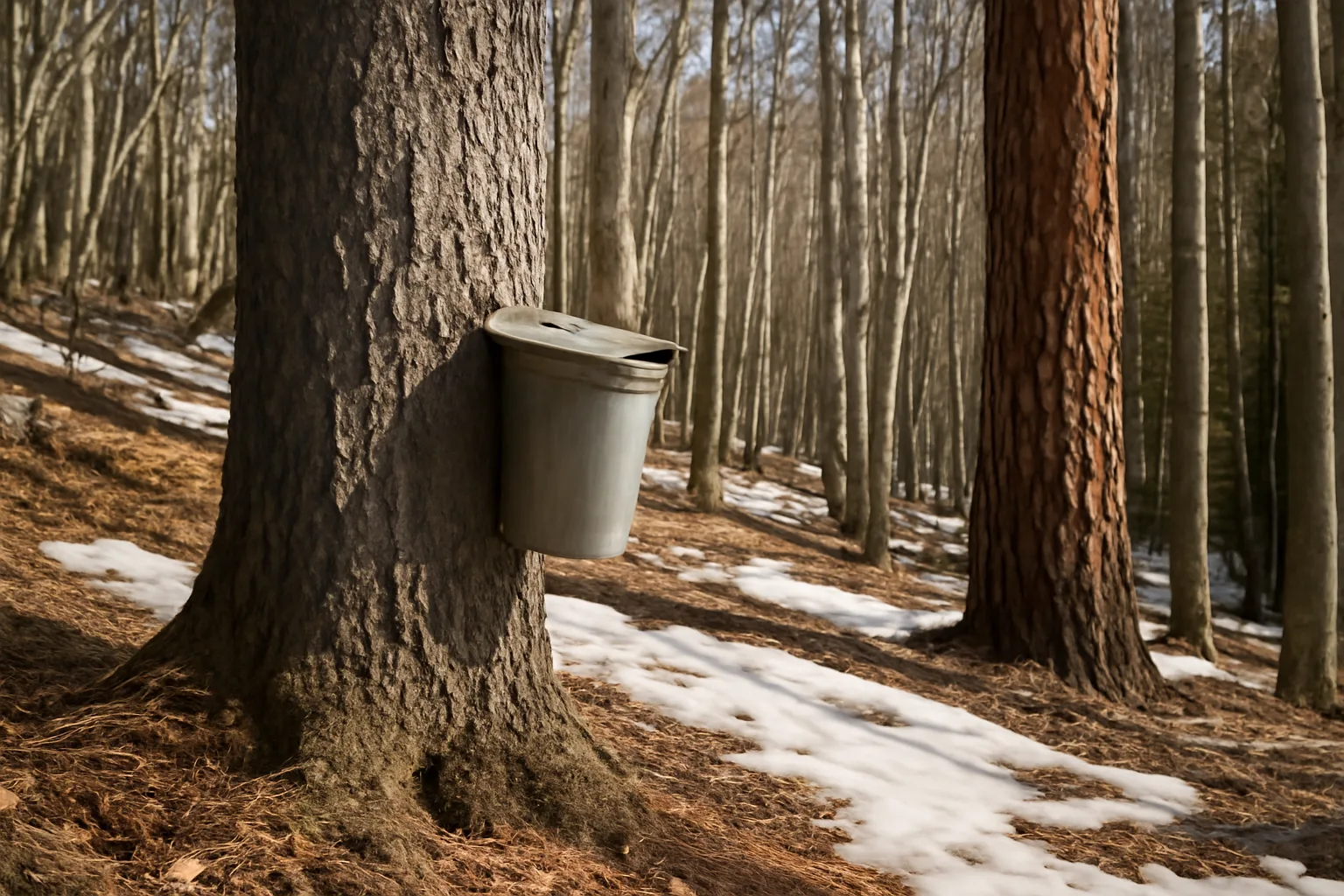 Bigtooth maple with a sap bucket in Arizona high country snow