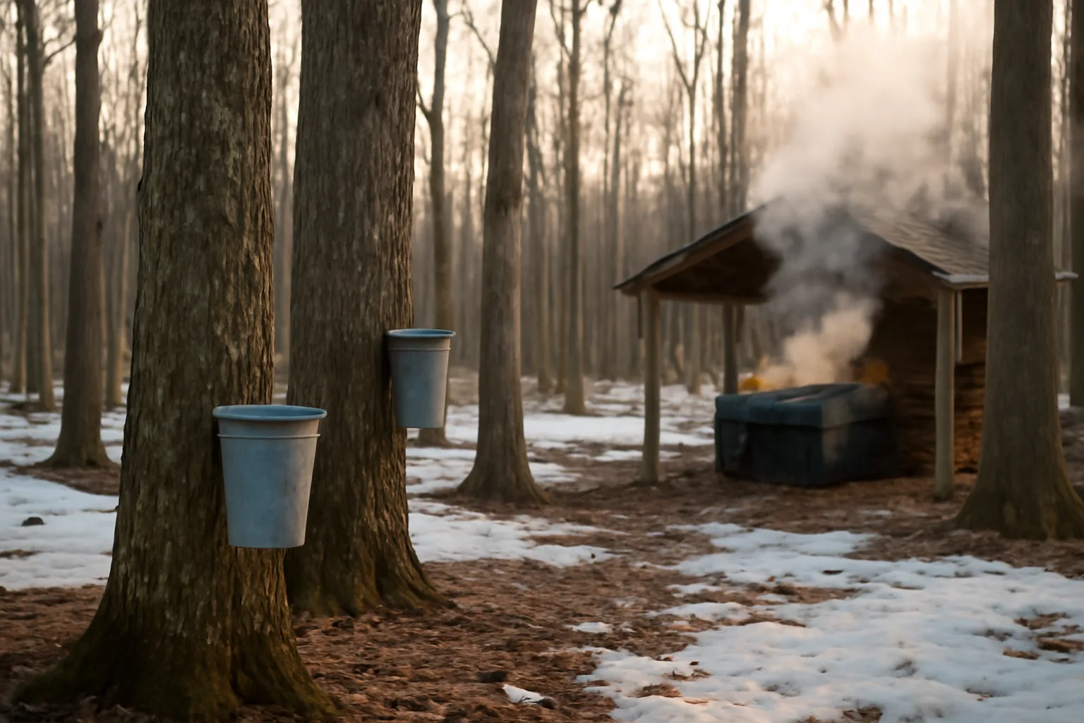 Steaming backyard evaporator beside tapped sugar maples in Connecticut woods