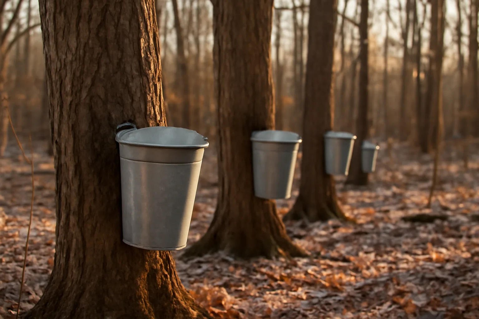 Galvanized buckets hanging on maple trunks in Delaware winter woods