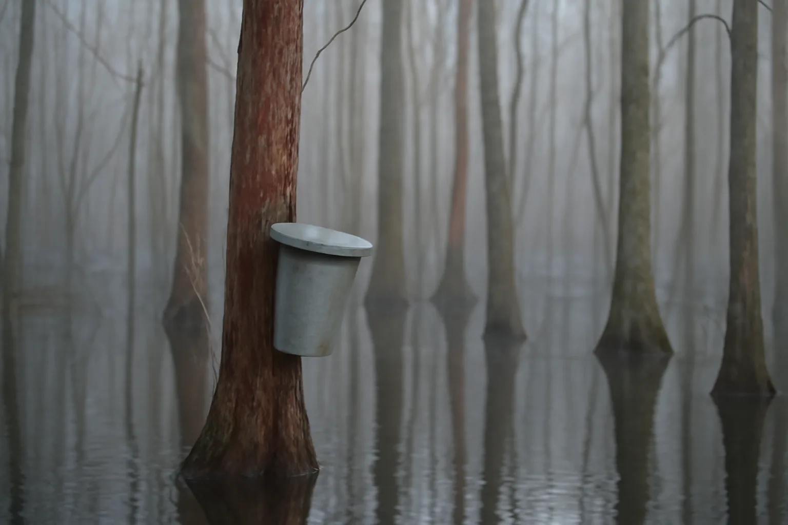 Sap bucket on red maple trunks in a Florida swamp