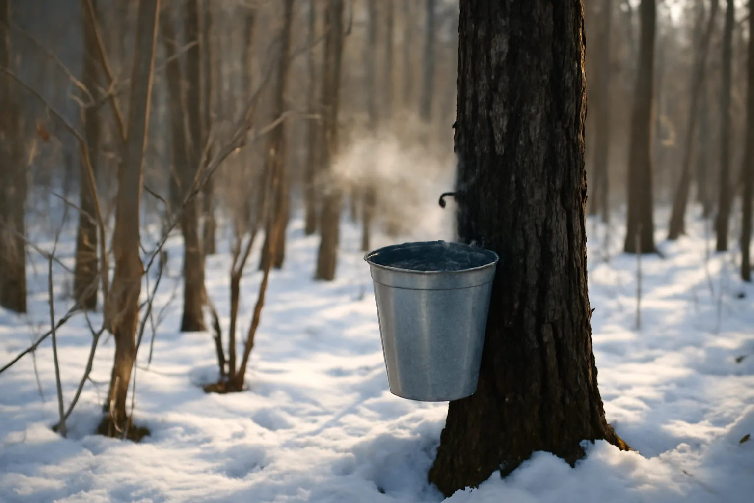 Metal sap bucket on a maple in snowy north Idaho woods