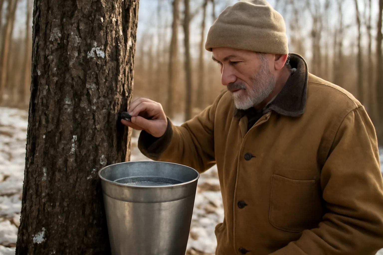 Sap dripping from a maple tree tap into a collection bucket in a Vermont sugarbush