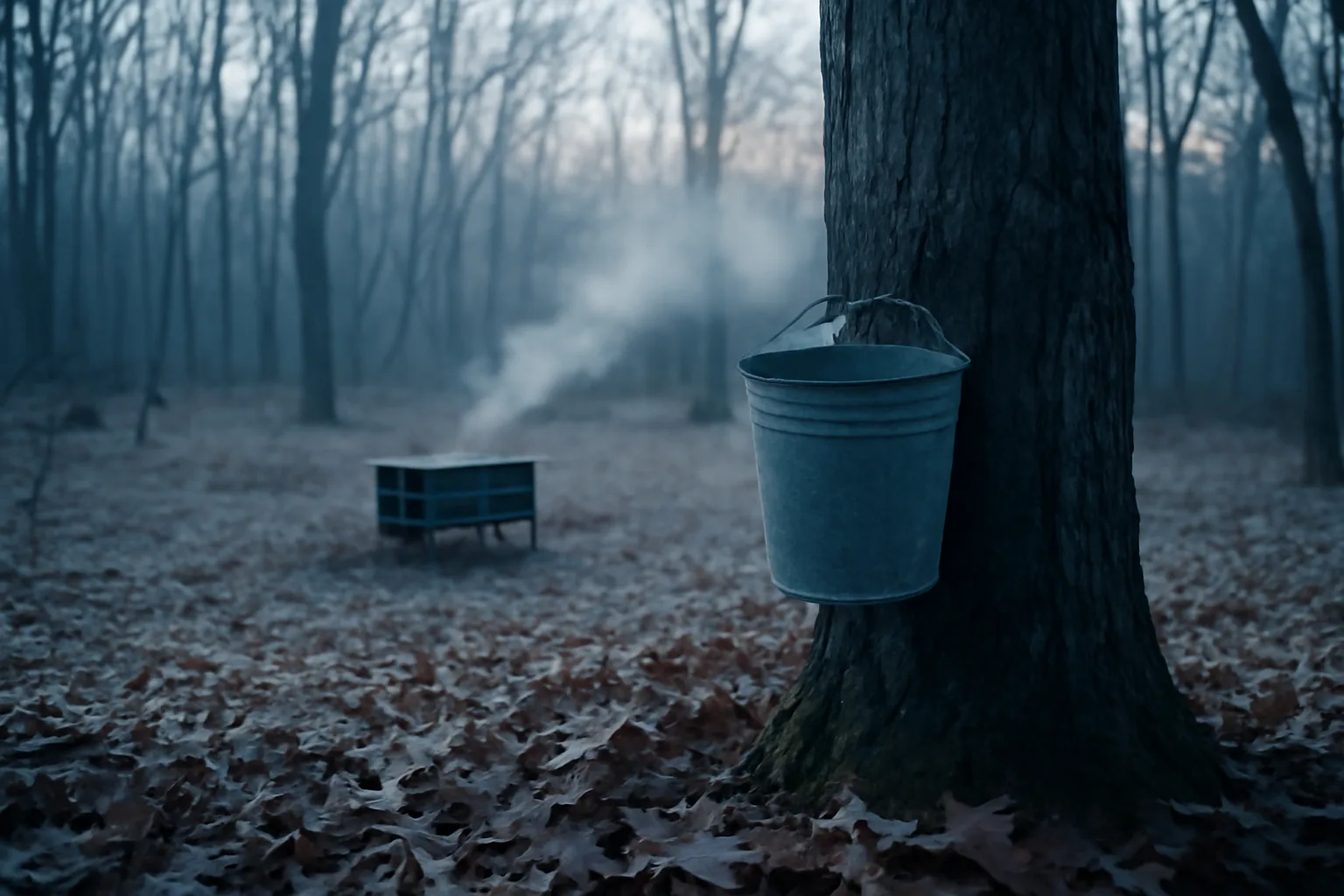 Galvanized sap bucket on a maple in an Ozark winter woods
