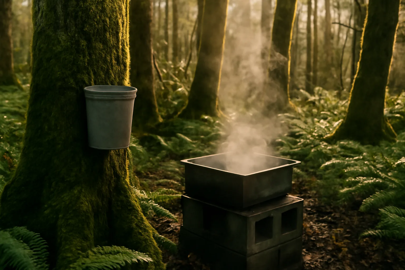 Sap bucket on a mossy maple trunk in a California sugarbush