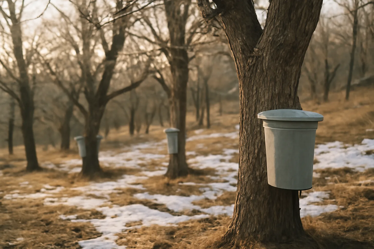 Tapped boxelder trees in a snowy Colorado foothills sugarbush