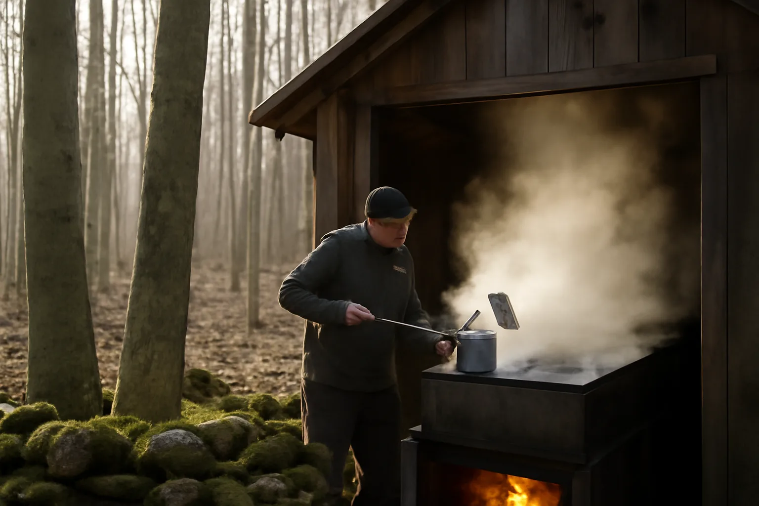 Evaporator steaming in a late-winter Connecticut sugarbush hardwood stand