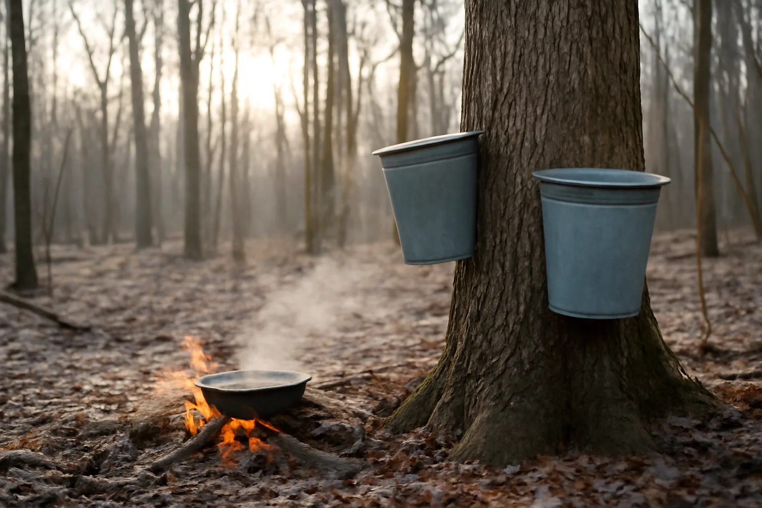 Metal sap buckets on maple trunks in Delaware winter woods