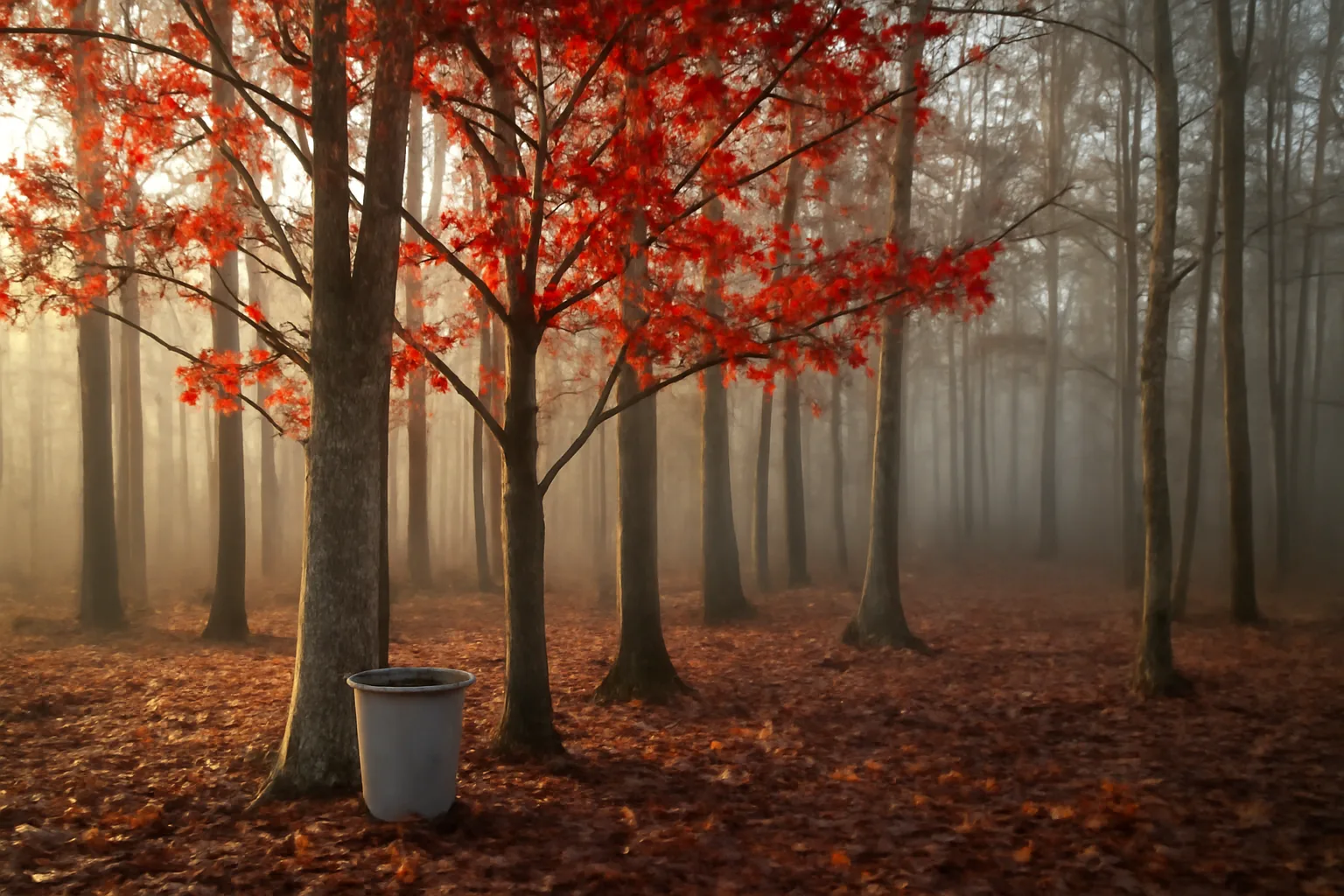 Unused metal sap pail under red maples in north Florida