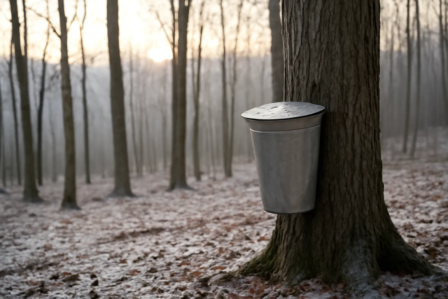 Bare maple trees and a sap pail in north Georgia woods