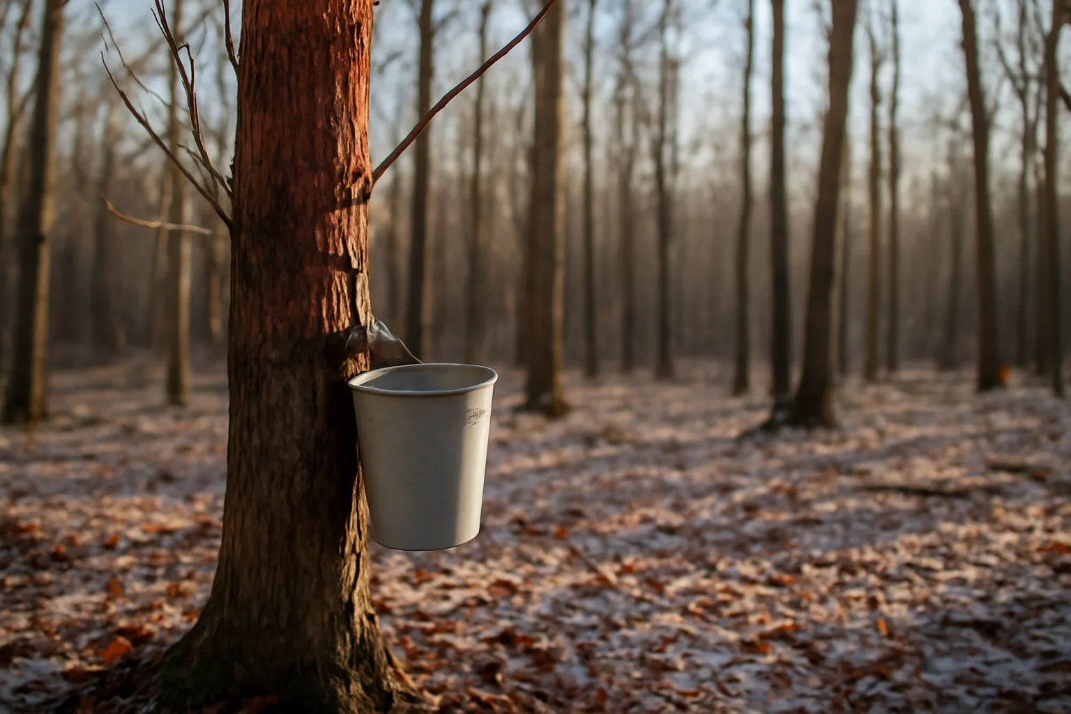 Red maple tree with sap collection bucket in a dormant Alabama winter forest
