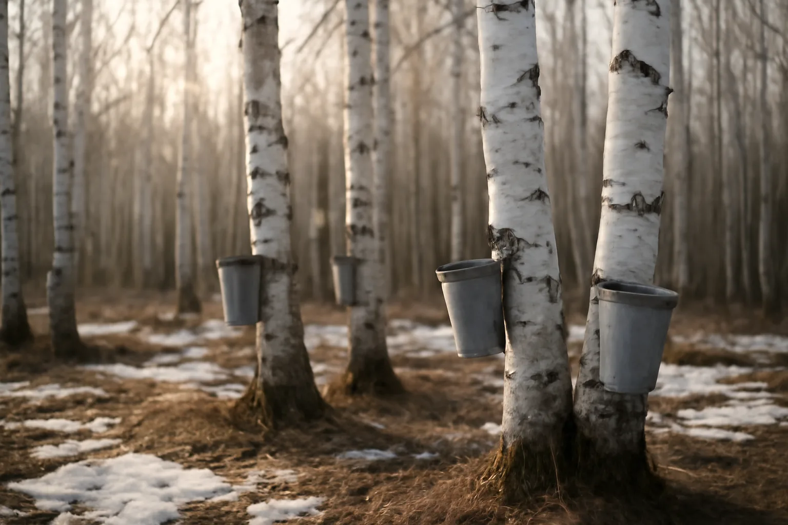 Birch sap collection buckets hanging on paper birch trees in an Alaska spring forest