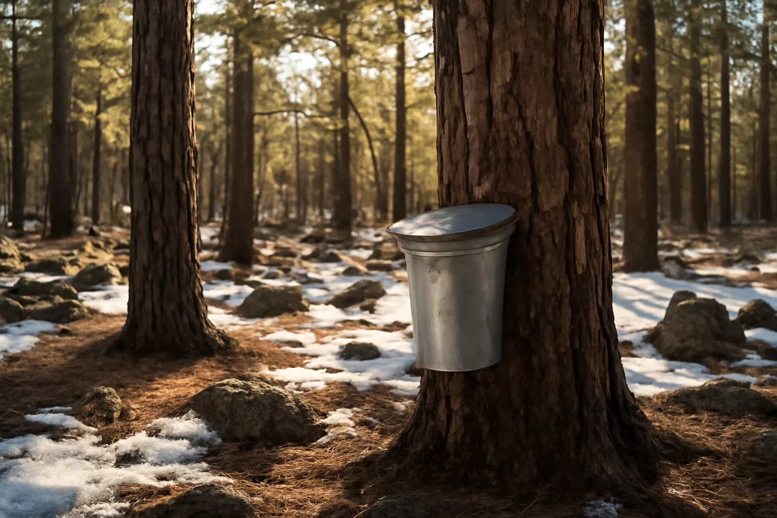 Metal sap bucket on a maple trunk in snowy Arizona pines