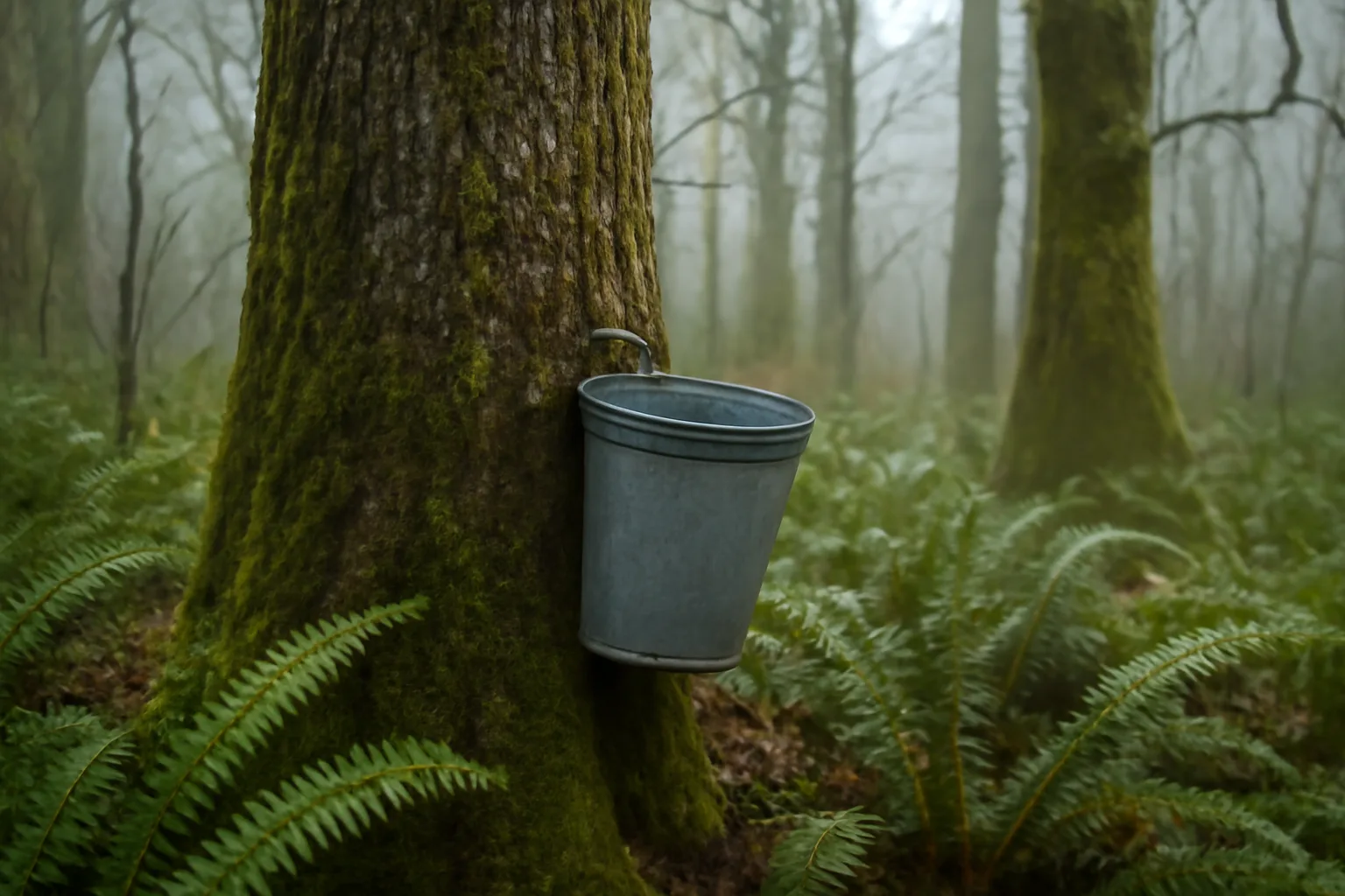 Bigleaf maple trunk and sap bucket in foggy northern California woods