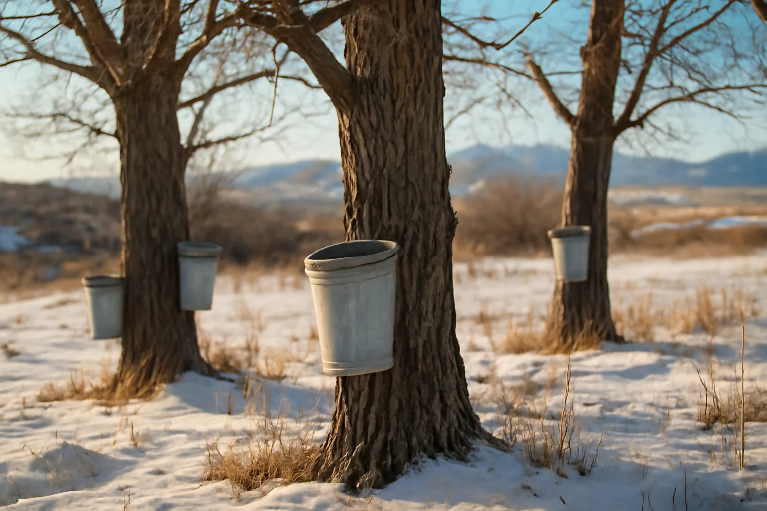 Galvanized sap buckets on boxelders in snowy Colorado foothills