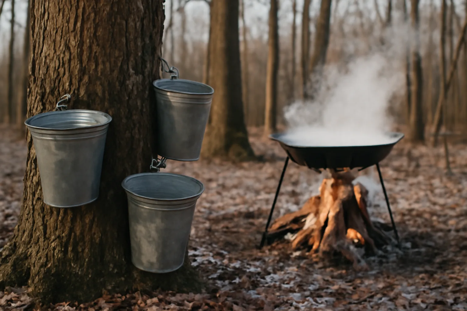 Galvanized sap buckets on red maples in a Delaware winter woodlot