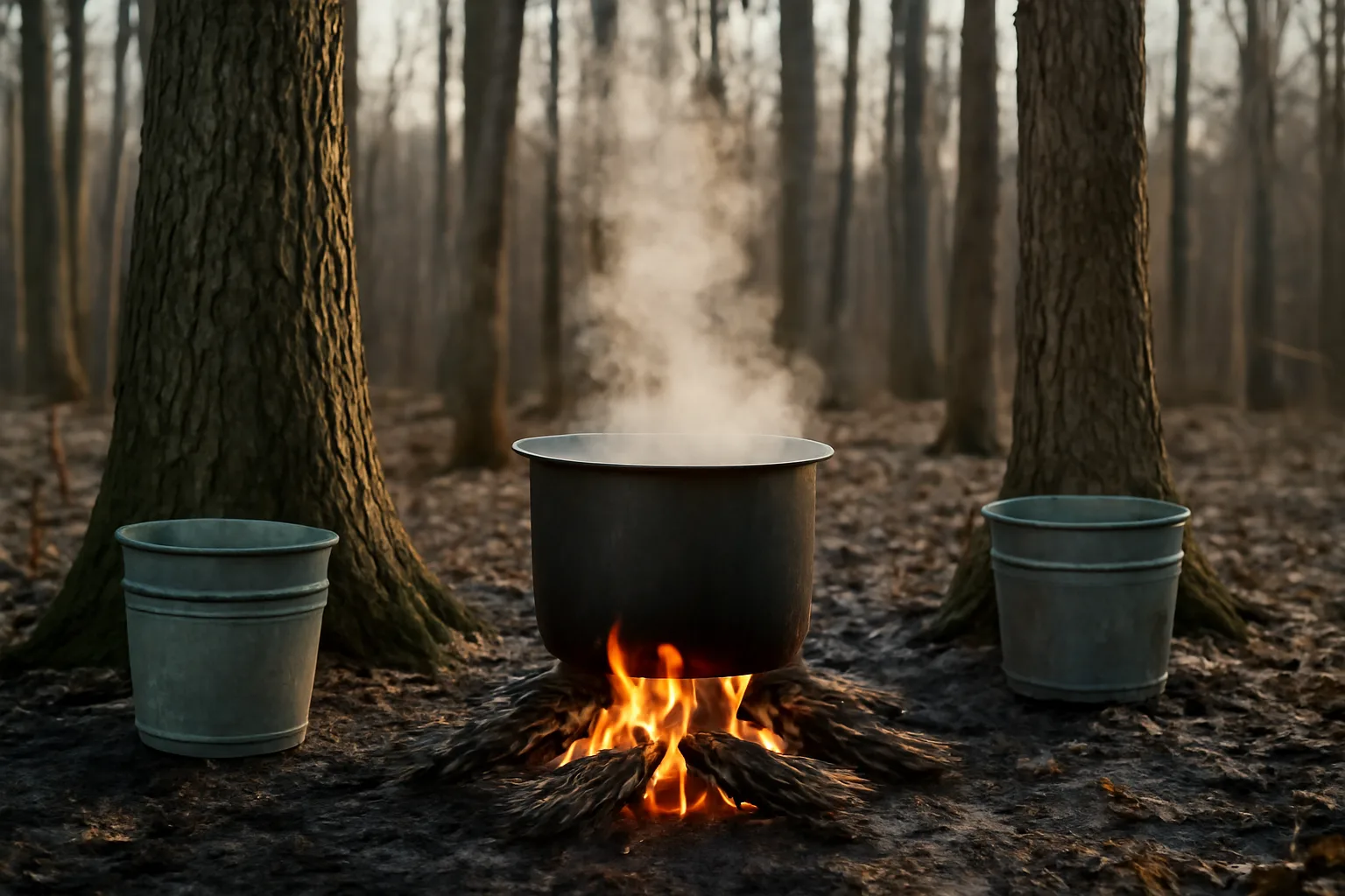 Wood fire evaporator steaming beside maple trunks in a Georgia sugarbush