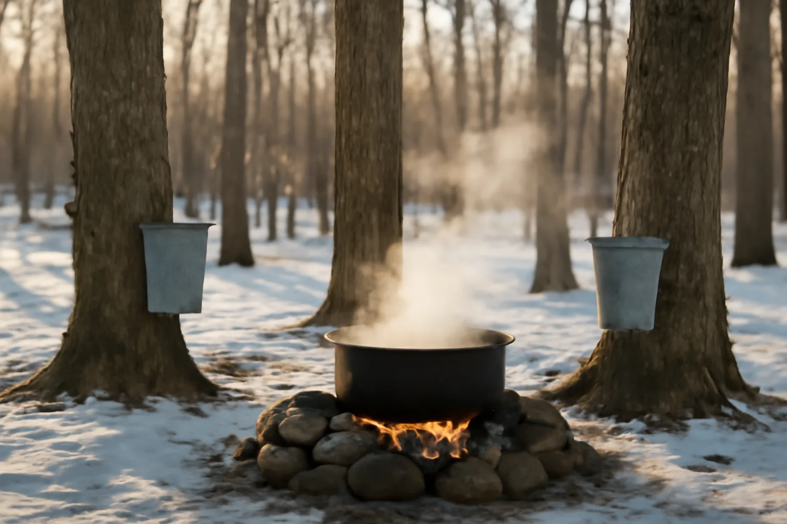 Wood-fired sap pan steaming beside Idaho maple trunks in snow