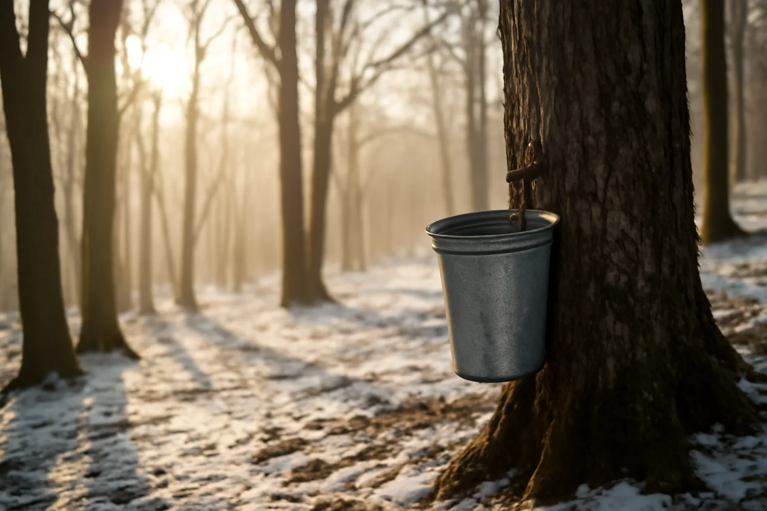Bigtooth maple trees with a sap collection bucket in a Utah mountain sugarbush