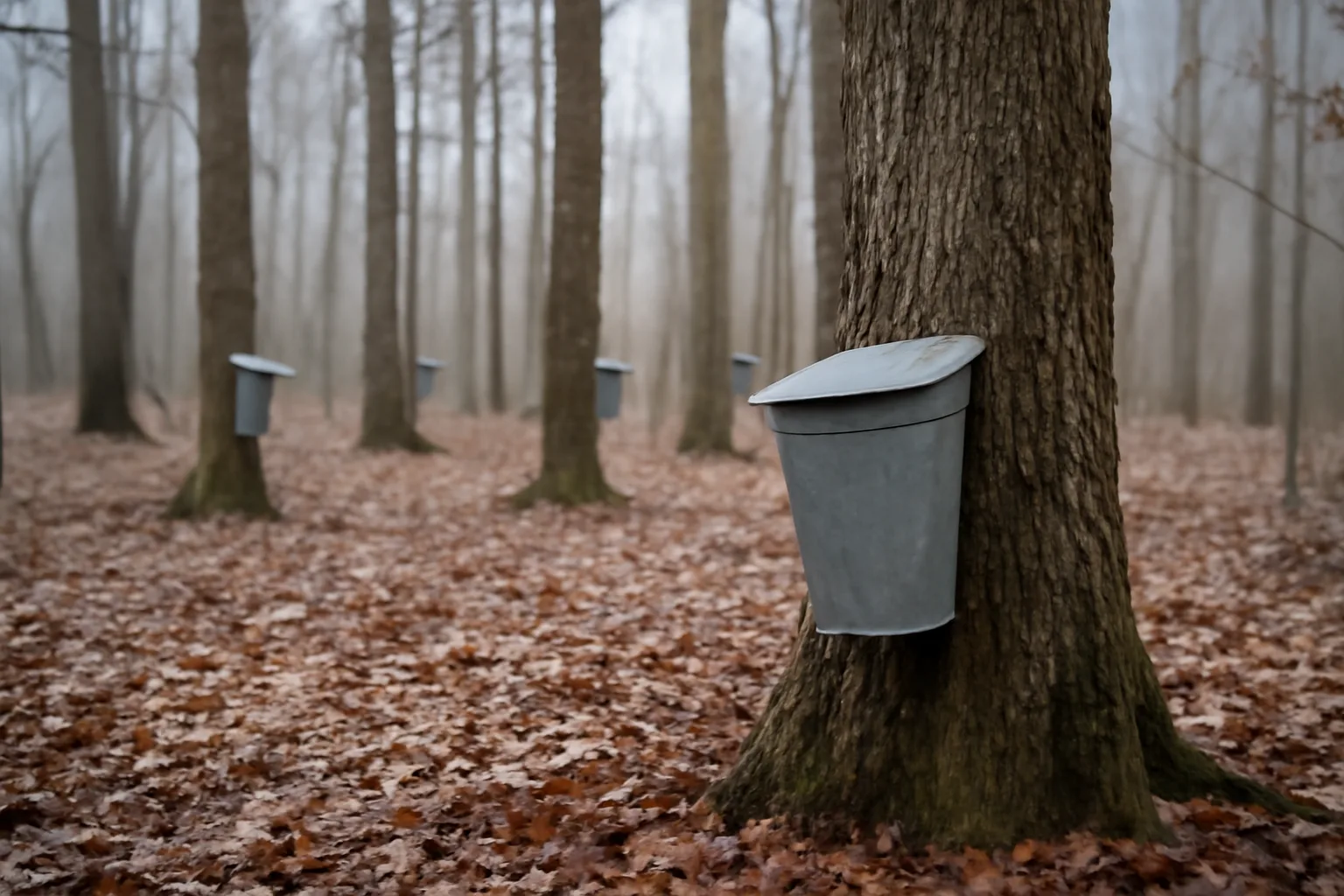 Bare maple trees with sap collection buckets in an Alabama hardwood forest in winter