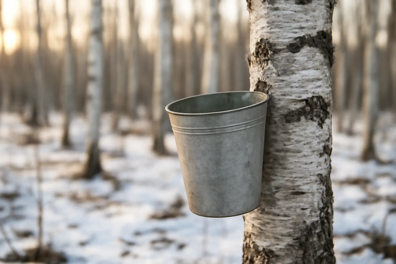 Sap collection bucket on a birch tree in an Alaska forest in early spring