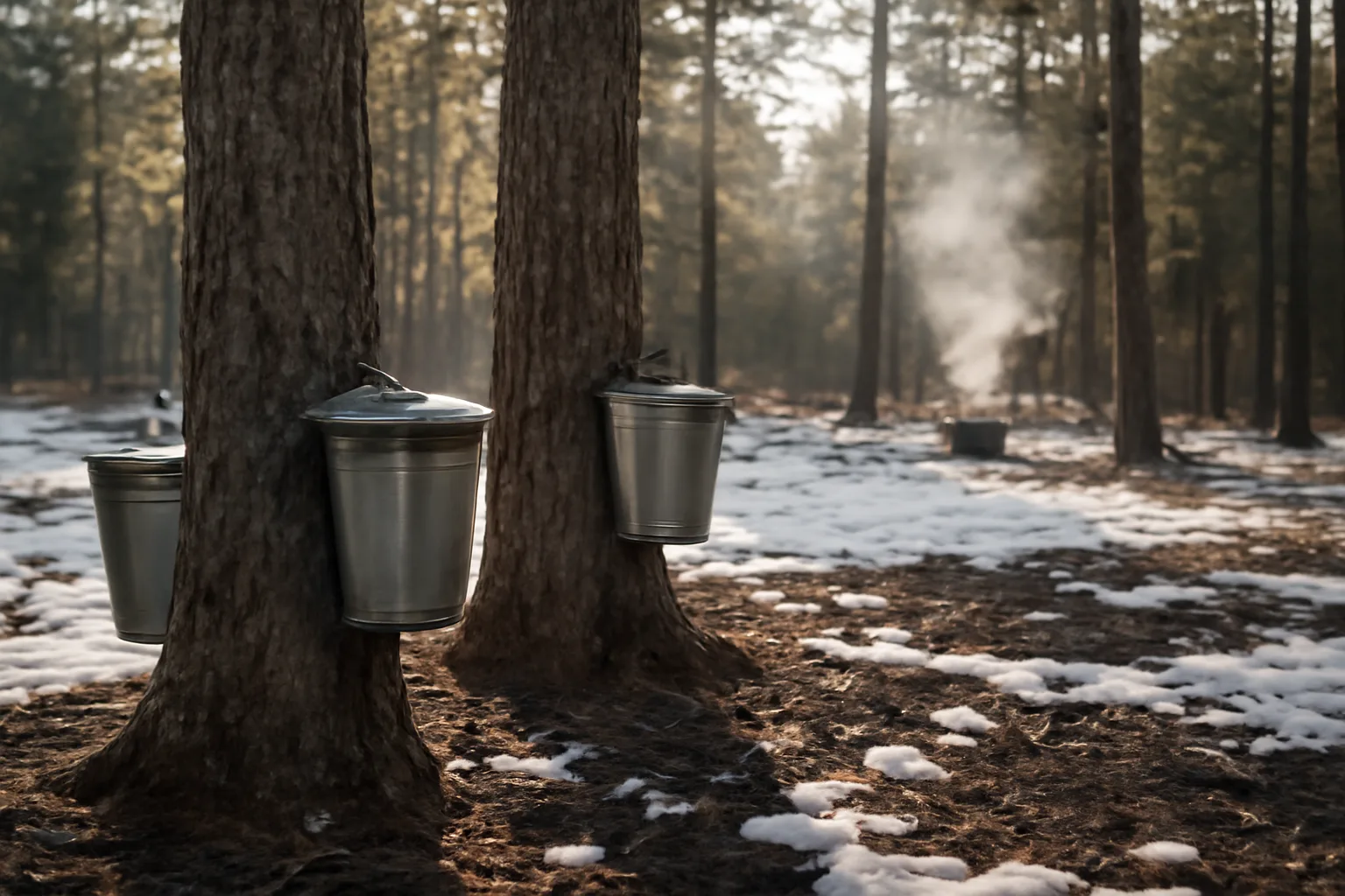 Tapped maple trees in a high country Arizona sugarbush after light snow