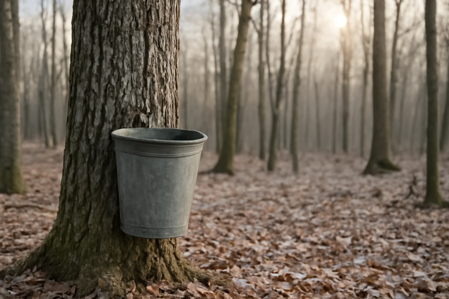 Bare Arkansas Ozark maples with a metal sap pail in winter