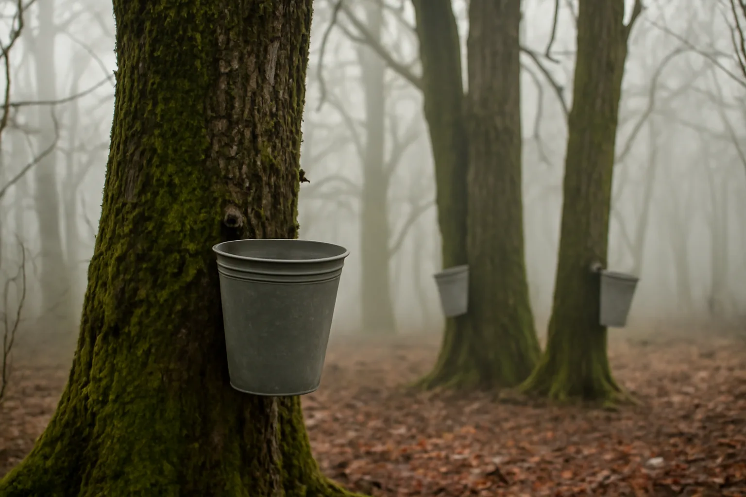 Foggy California sugarbush of bigleaf maples with hanging sap buckets