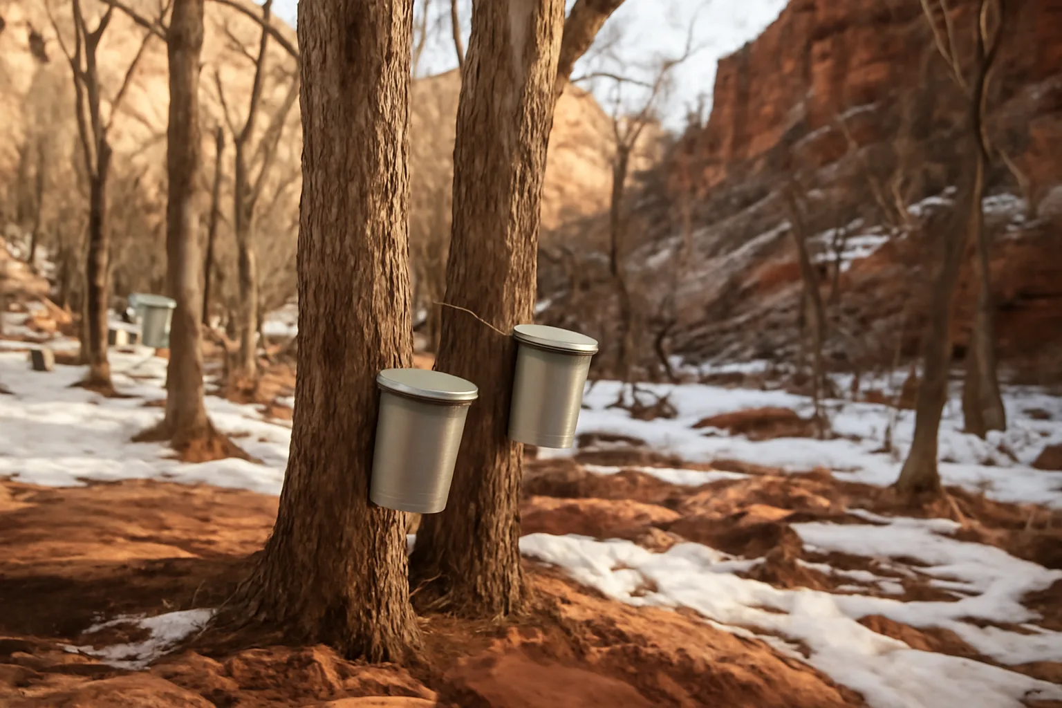 Metal sap buckets on bare maple trunks in a Colorado canyon