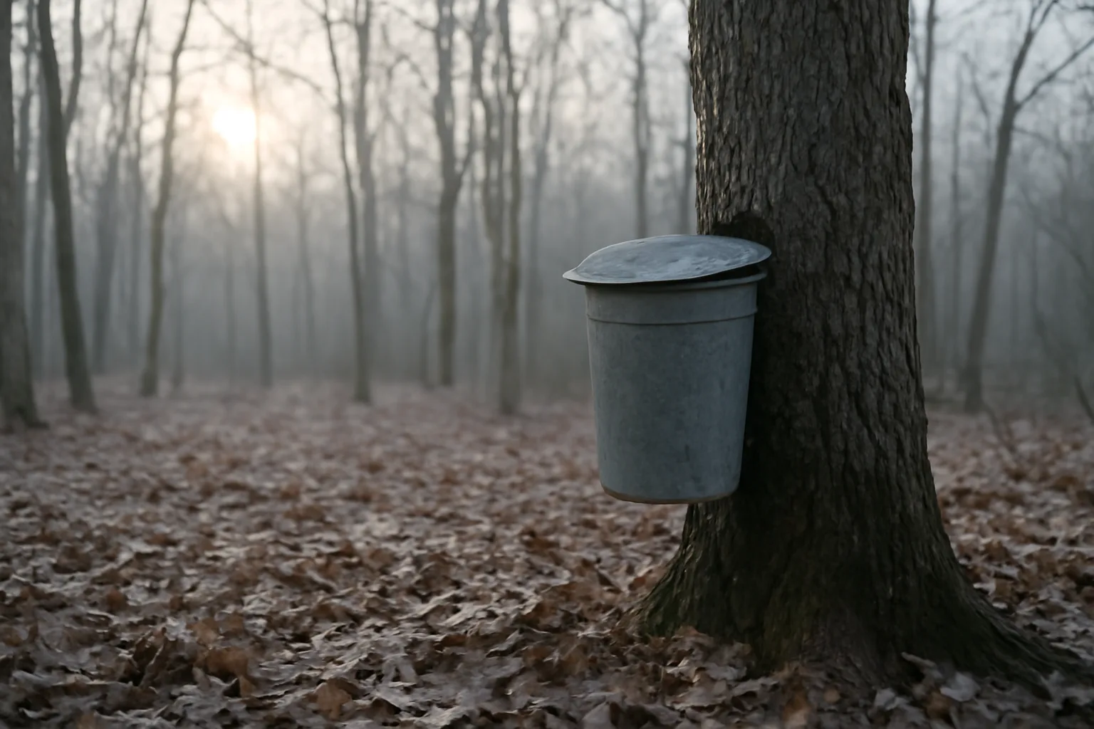 Sap bucket on a maple tree during a Georgia sugarbush season