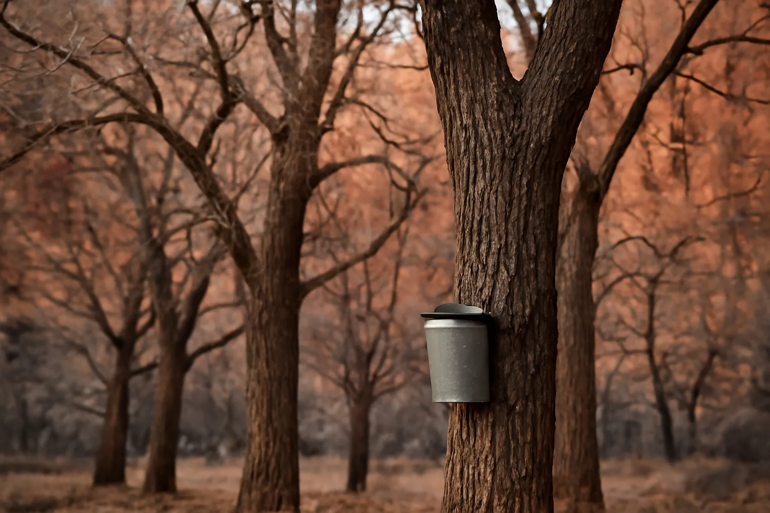Bigtooth maple trees with a sap collection bucket in a Utah canyon in late winter