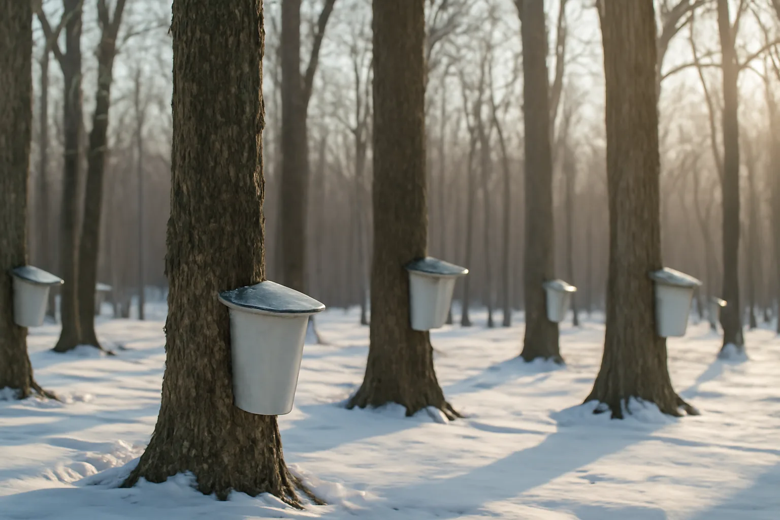 Sap buckets hanging from sugar maple trees in a Vermont sugarbush in late winter