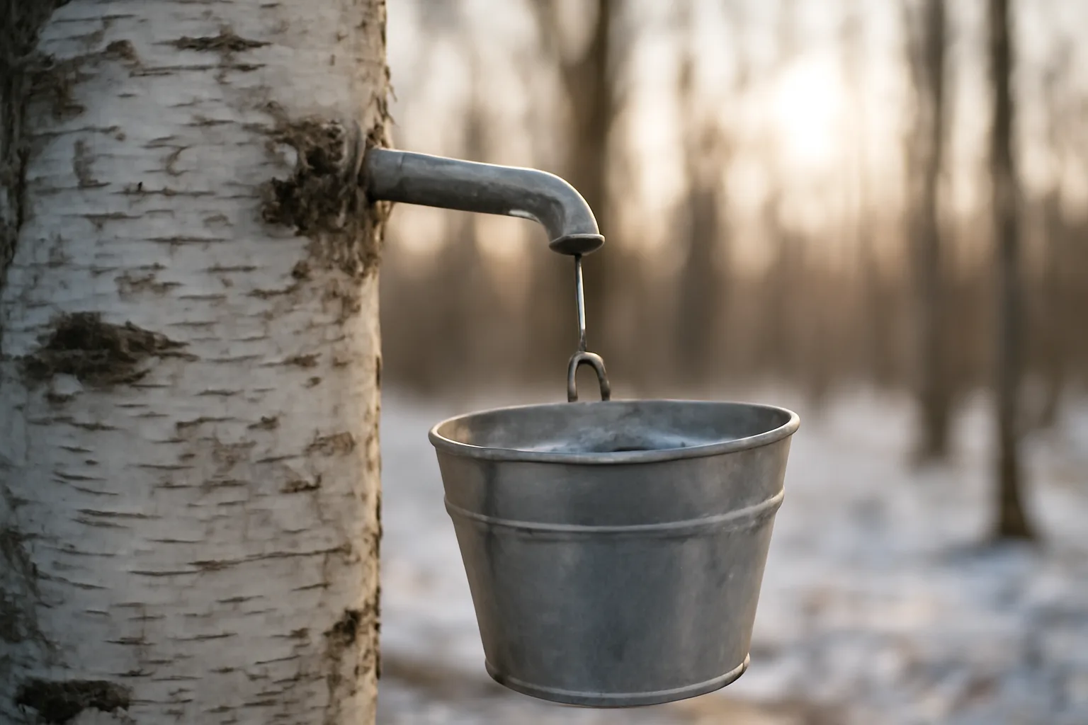 Tap and bucket collecting sap from a birch tree in an Alaska forest in early spring