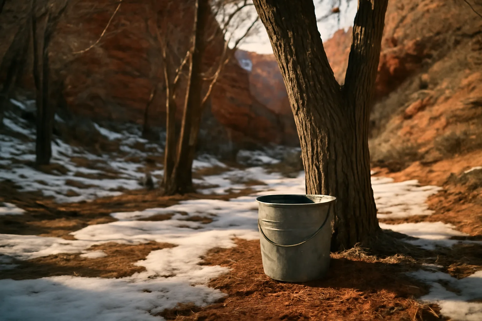 Bare Arizona canyon maples beside a steel sugarbush pail