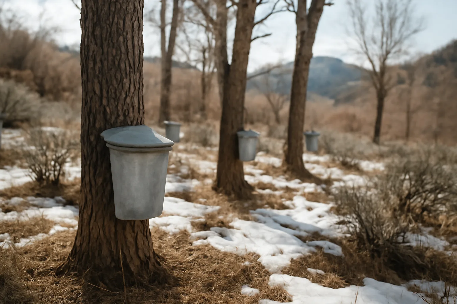 Galvanized buckets hang on maple trunks above patchy Colorado snow