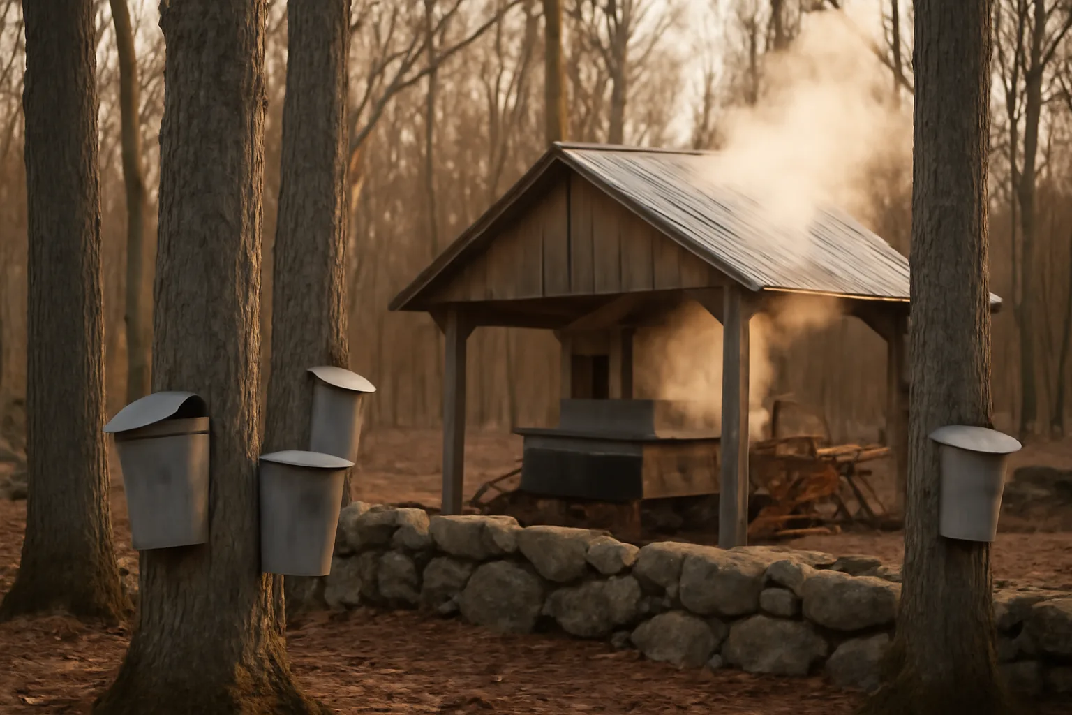 Metal sap buckets hang on sugar maples in a Connecticut sugarbush