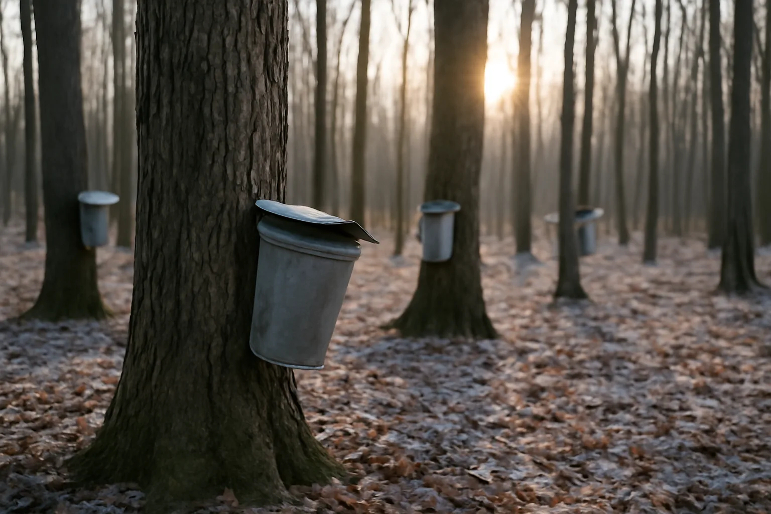 Galvanized sap buckets on maple trunks in frosty Delaware woods