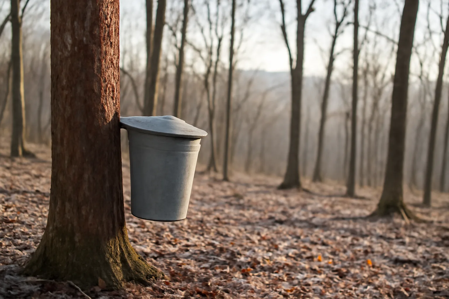 Galvanized sap bucket on a maple in north Georgia woods