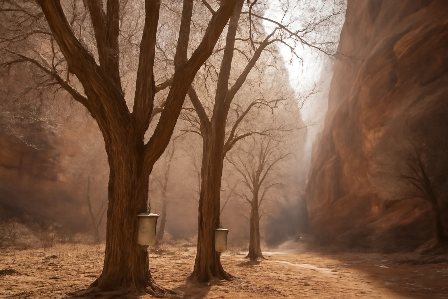 Bigtooth maple trees with sap collection buckets in a Utah canyon in late winter